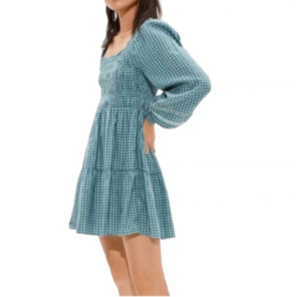 NWT American Eagle Outfitters Teal Plaid Babydoll Dress ~S - Picture 2 of 4